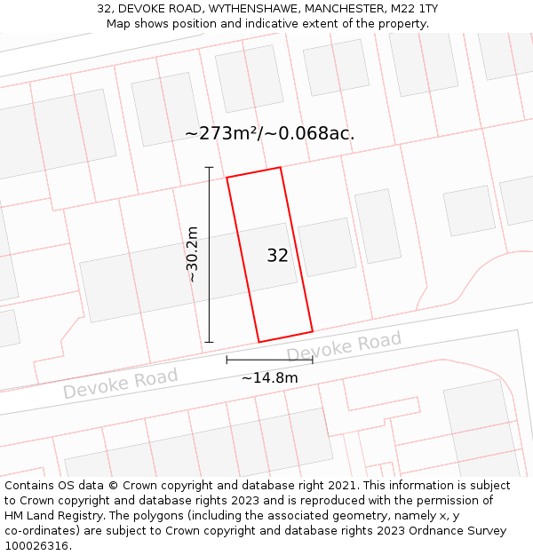 32, DEVOKE ROAD, WYTHENSHAWE, MANCHESTER, M22 1TY: Plot and title map