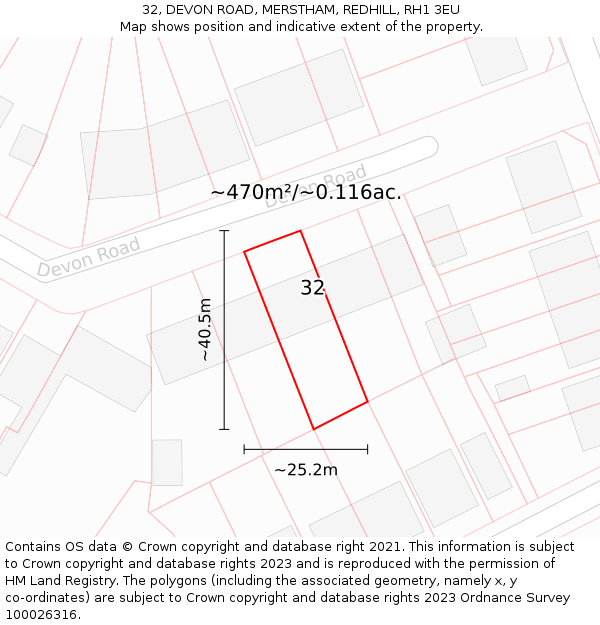 32, DEVON ROAD, MERSTHAM, REDHILL, RH1 3EU: Plot and title map