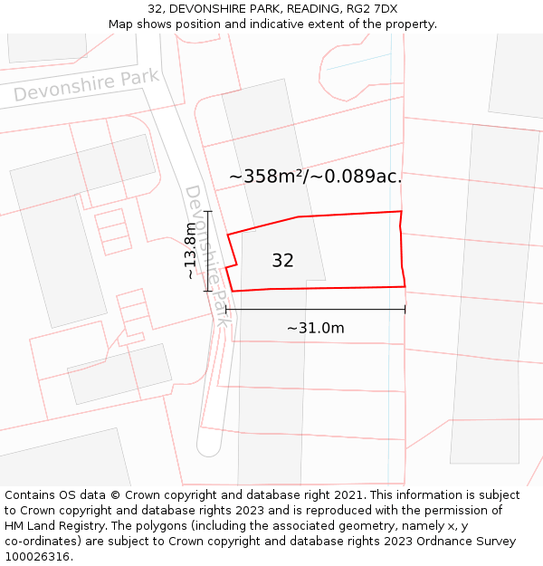 32, DEVONSHIRE PARK, READING, RG2 7DX: Plot and title map