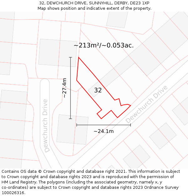 32, DEWCHURCH DRIVE, SUNNYHILL, DERBY, DE23 1XP: Plot and title map