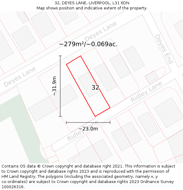32, DEYES LANE, LIVERPOOL, L31 6DN: Plot and title map