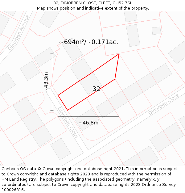 32, DINORBEN CLOSE, FLEET, GU52 7SL: Plot and title map