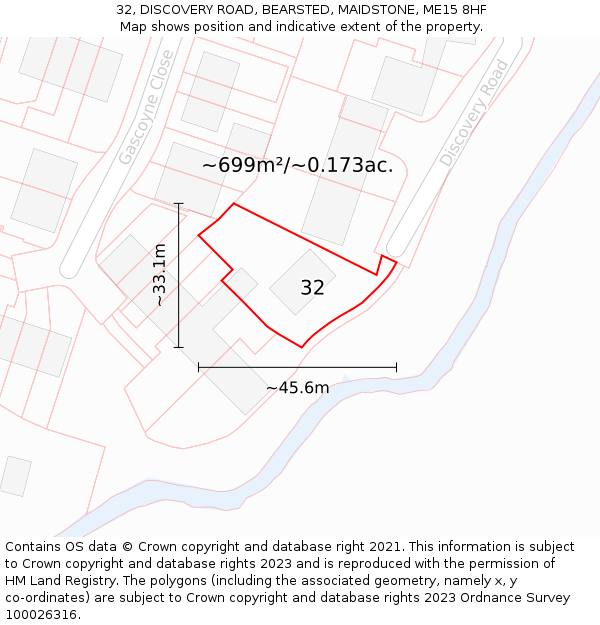 32, DISCOVERY ROAD, BEARSTED, MAIDSTONE, ME15 8HF: Plot and title map
