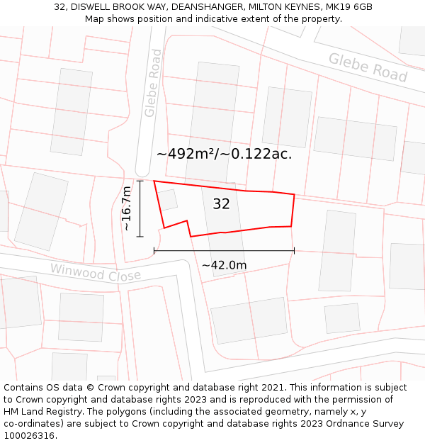 32, DISWELL BROOK WAY, DEANSHANGER, MILTON KEYNES, MK19 6GB: Plot and title map