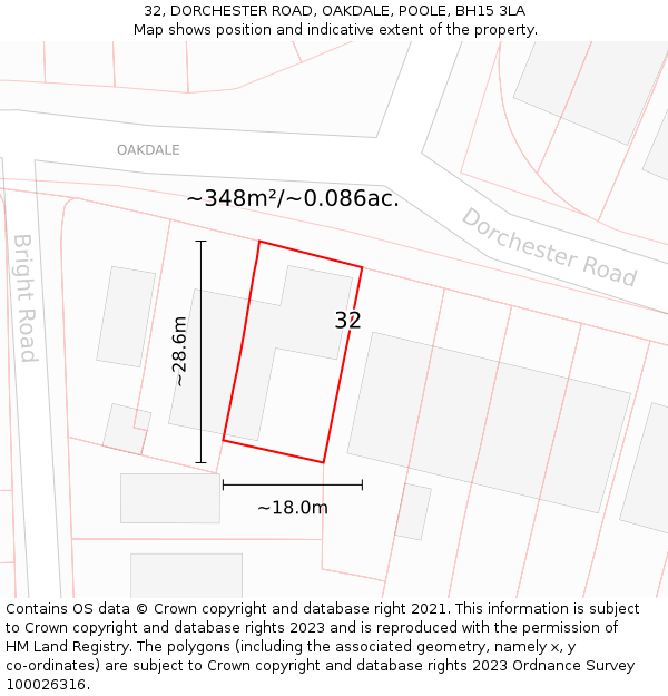 32, DORCHESTER ROAD, OAKDALE, POOLE, BH15 3LA: Plot and title map
