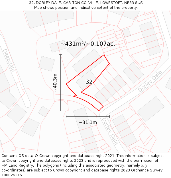 32, DORLEY DALE, CARLTON COLVILLE, LOWESTOFT, NR33 8US: Plot and title map