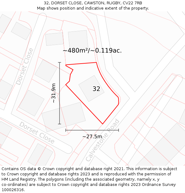 32, DORSET CLOSE, CAWSTON, RUGBY, CV22 7RB: Plot and title map