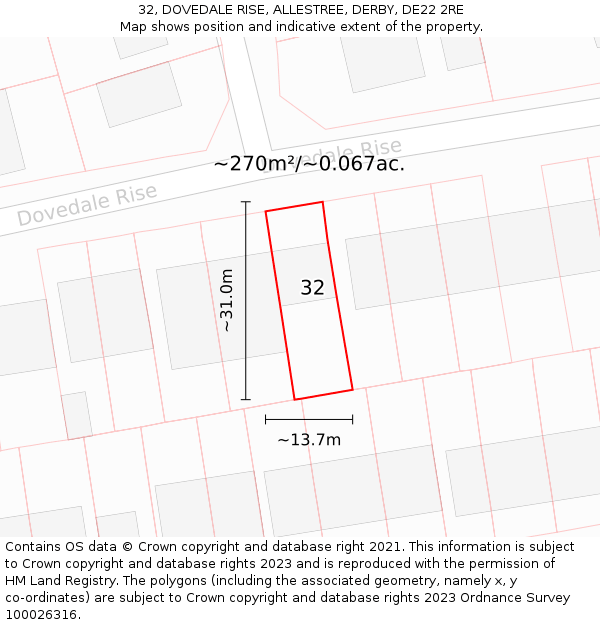 32, DOVEDALE RISE, ALLESTREE, DERBY, DE22 2RE: Plot and title map