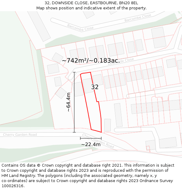 32, DOWNSIDE CLOSE, EASTBOURNE, BN20 8EL: Plot and title map