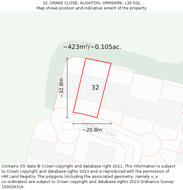 32, DRAKE CLOSE, AUGHTON, ORMSKIRK, L39 5QL: Plot and title map