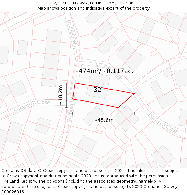 32, DRIFFIELD WAY, BILLINGHAM, TS23 3RD: Plot and title map