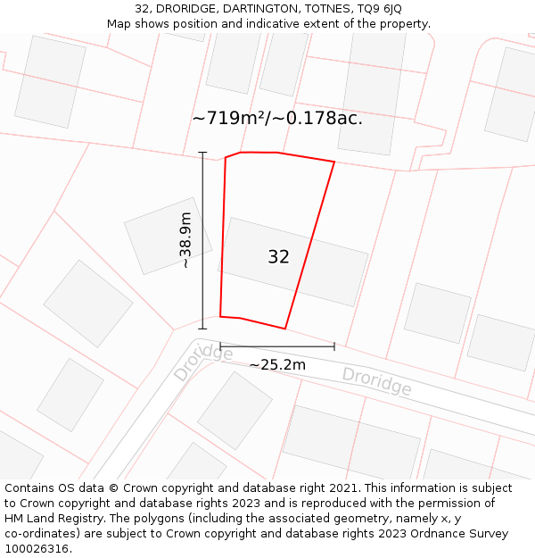 32, DRORIDGE, DARTINGTON, TOTNES, TQ9 6JQ: Plot and title map