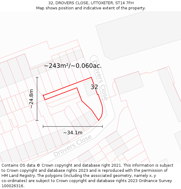 32, DROVERS CLOSE, UTTOXETER, ST14 7FH: Plot and title map