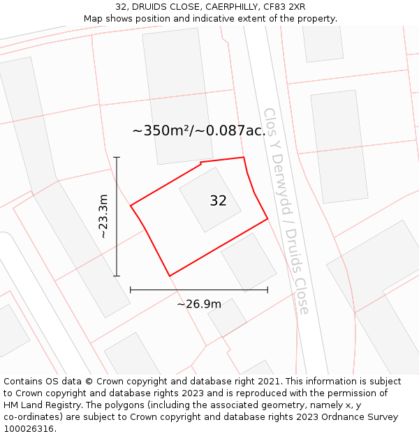 32, DRUIDS CLOSE, CAERPHILLY, CF83 2XR: Plot and title map