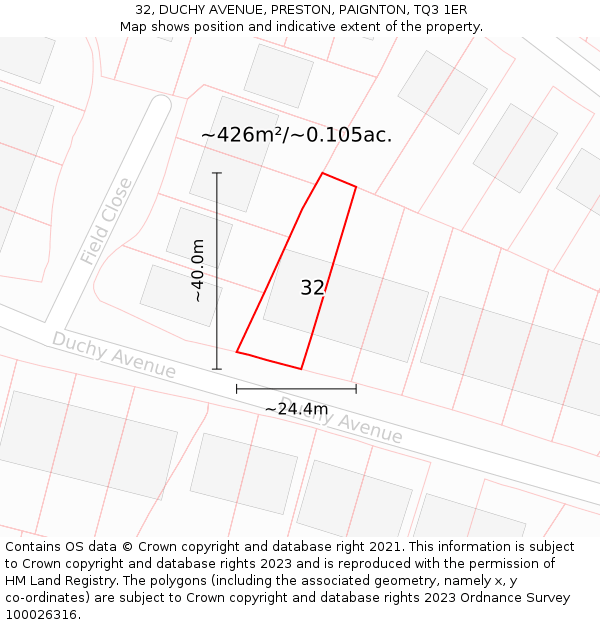 32, DUCHY AVENUE, PRESTON, PAIGNTON, TQ3 1ER: Plot and title map