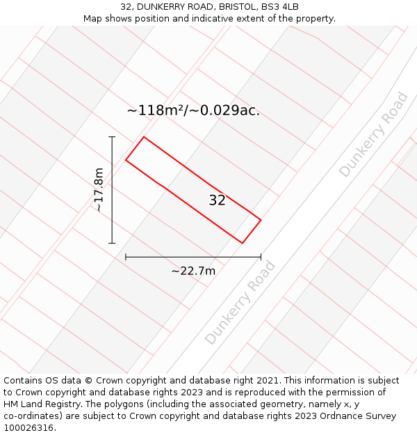 32, DUNKERRY ROAD, BRISTOL, BS3 4LB: Plot and title map