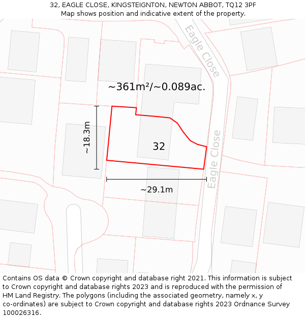 32, EAGLE CLOSE, KINGSTEIGNTON, NEWTON ABBOT, TQ12 3PF: Plot and title map