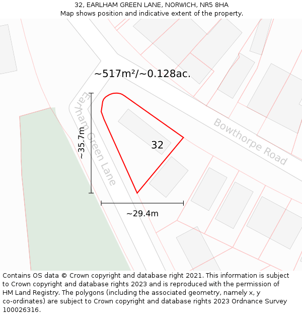 32, EARLHAM GREEN LANE, NORWICH, NR5 8HA: Plot and title map