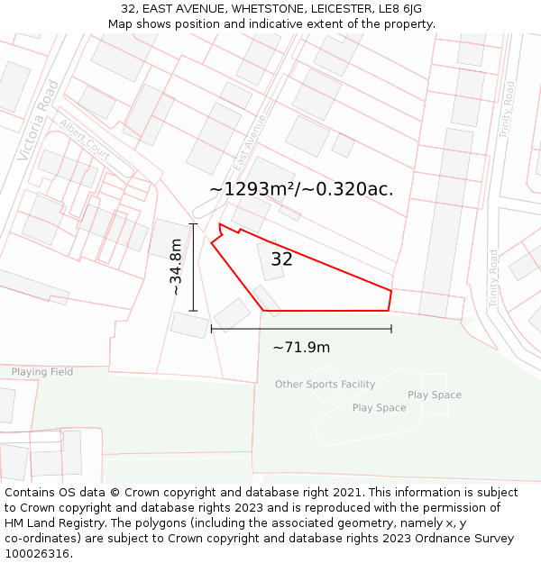 32, EAST AVENUE, WHETSTONE, LEICESTER, LE8 6JG: Plot and title map