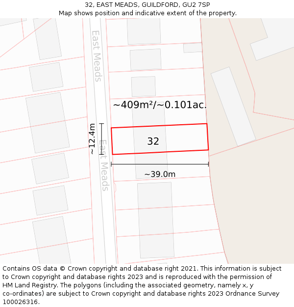 32, EAST MEADS, GUILDFORD, GU2 7SP: Plot and title map