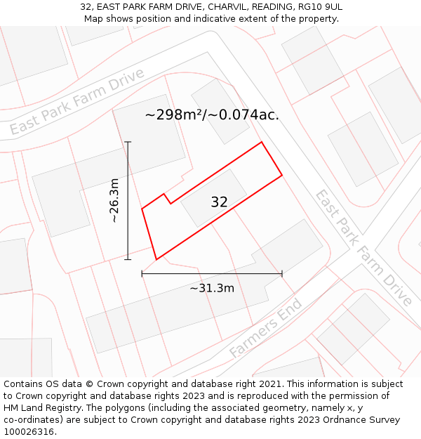 32, EAST PARK FARM DRIVE, CHARVIL, READING, RG10 9UL: Plot and title map