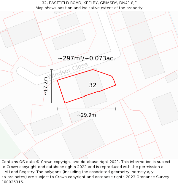 32, EASTFIELD ROAD, KEELBY, GRIMSBY, DN41 8JE: Plot and title map