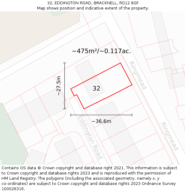 32, EDDINGTON ROAD, BRACKNELL, RG12 8GF: Plot and title map