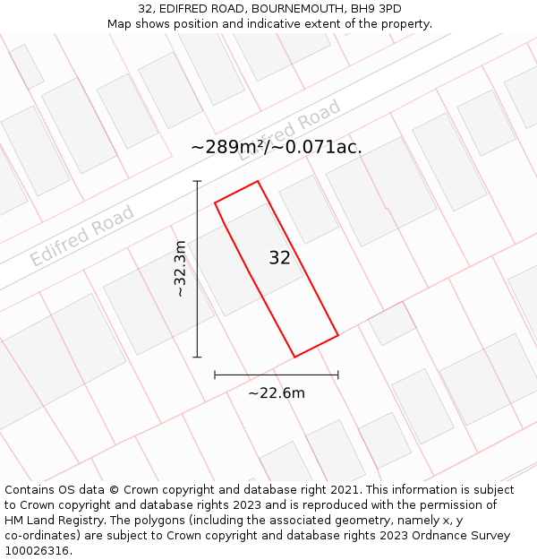 32, EDIFRED ROAD, BOURNEMOUTH, BH9 3PD: Plot and title map