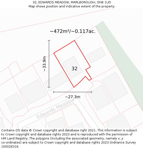32, EDWARDS MEADOW, MARLBOROUGH, SN8 1UD: Plot and title map