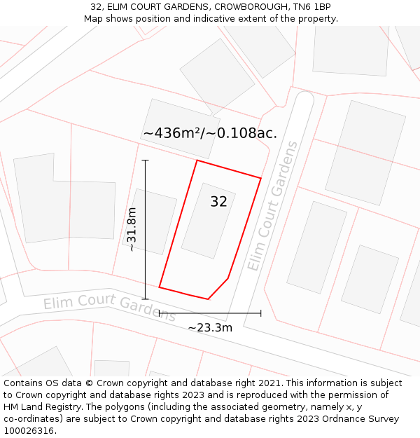 32, ELIM COURT GARDENS, CROWBOROUGH, TN6 1BP: Plot and title map