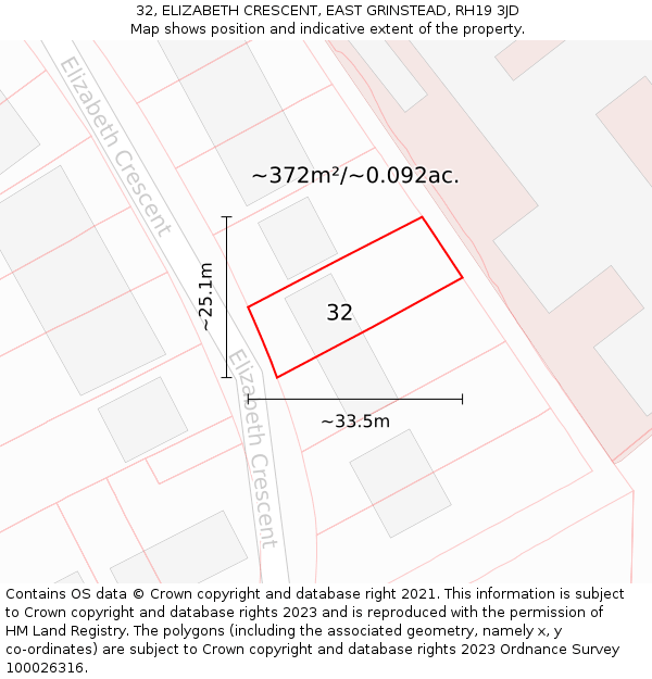 32, ELIZABETH CRESCENT, EAST GRINSTEAD, RH19 3JD: Plot and title map