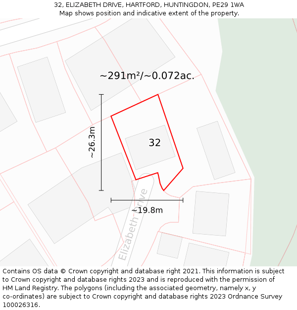 32, ELIZABETH DRIVE, HARTFORD, HUNTINGDON, PE29 1WA: Plot and title map