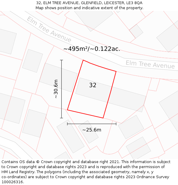 32, ELM TREE AVENUE, GLENFIELD, LEICESTER, LE3 8QA: Plot and title map