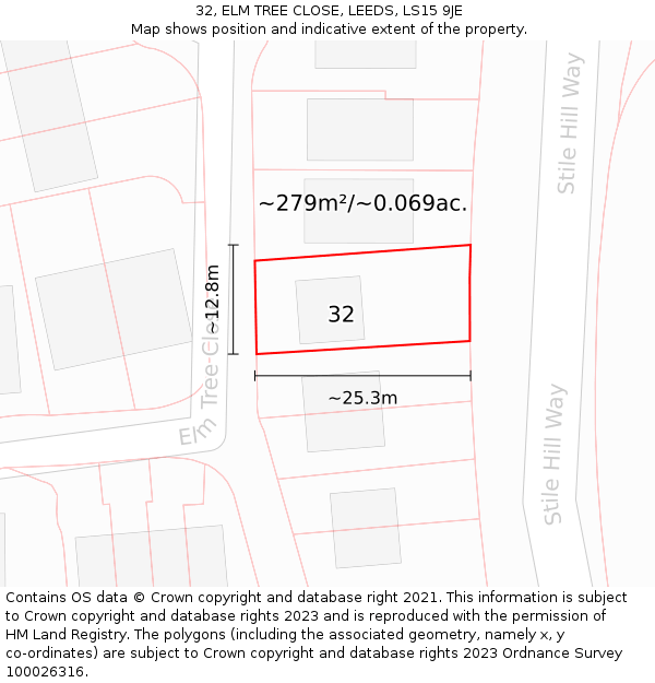 32, ELM TREE CLOSE, LEEDS, LS15 9JE: Plot and title map