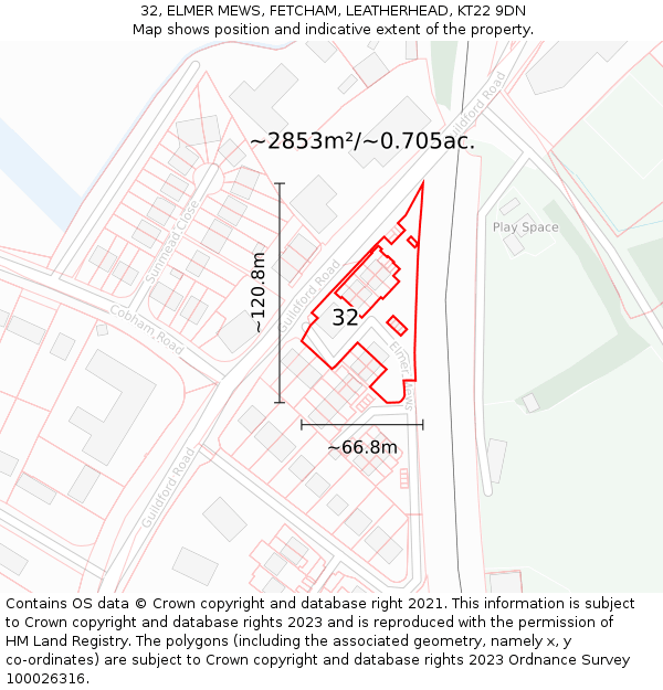 32, ELMER MEWS, FETCHAM, LEATHERHEAD, KT22 9DN: Plot and title map