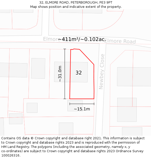 32, ELMORE ROAD, PETERBOROUGH, PE3 9PT: Plot and title map