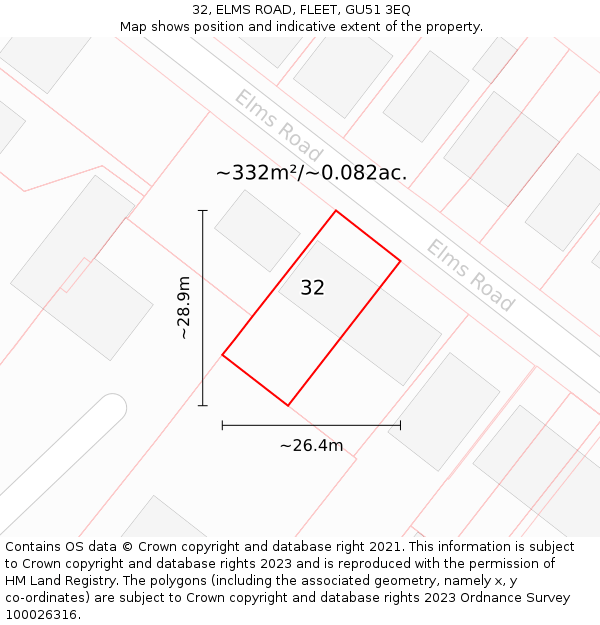32, ELMS ROAD, FLEET, GU51 3EQ: Plot and title map
