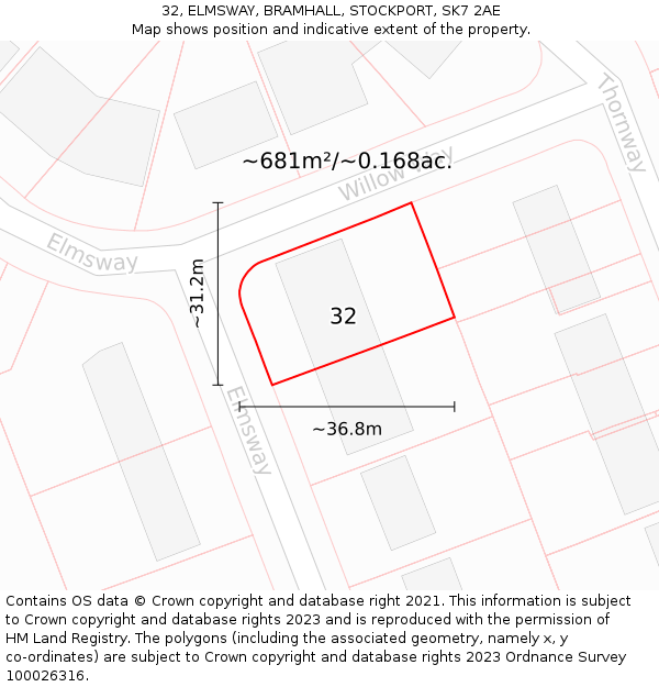 32, ELMSWAY, BRAMHALL, STOCKPORT, SK7 2AE: Plot and title map