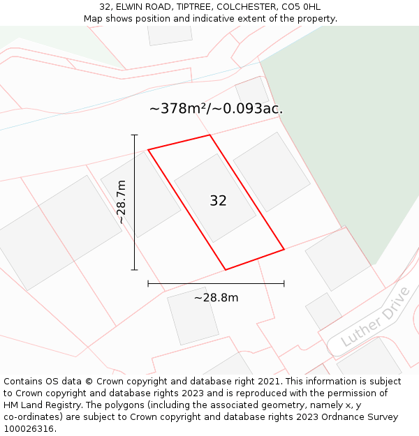 32, ELWIN ROAD, TIPTREE, COLCHESTER, CO5 0HL: Plot and title map