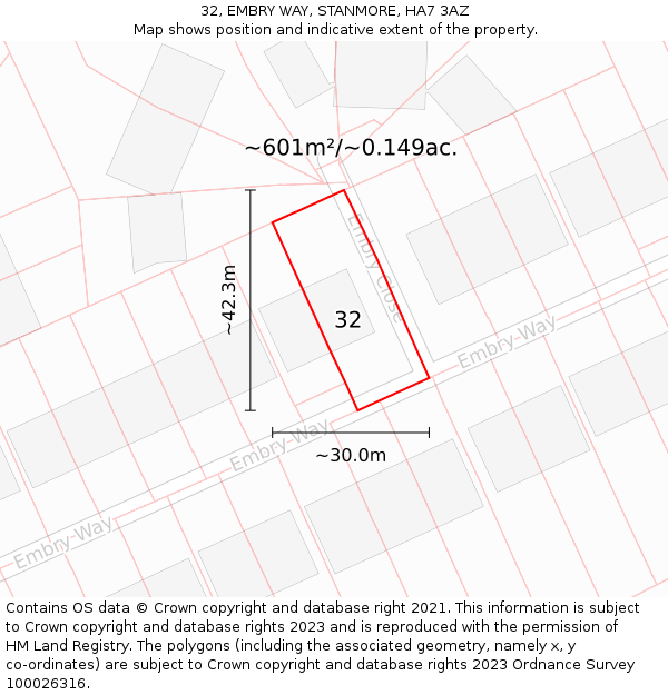 32, EMBRY WAY, STANMORE, HA7 3AZ: Plot and title map