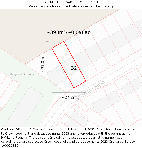 32, EMERALD ROAD, LUTON, LU4 0NR: Plot and title map