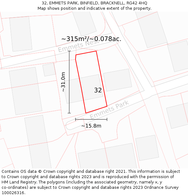 32, EMMETS PARK, BINFIELD, BRACKNELL, RG42 4HQ: Plot and title map
