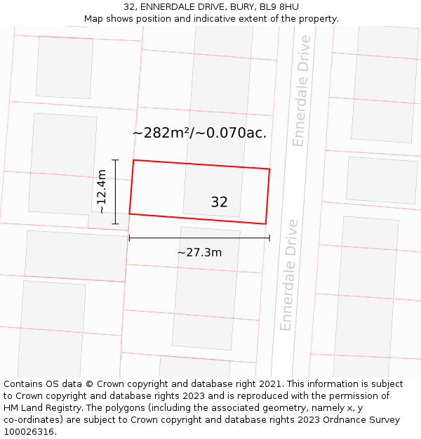 32, ENNERDALE DRIVE, BURY, BL9 8HU: Plot and title map