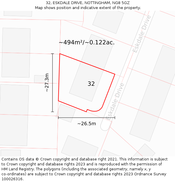 32, ESKDALE DRIVE, NOTTINGHAM, NG8 5GZ: Plot and title map