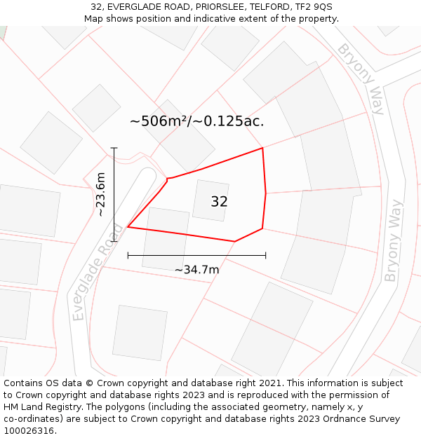 32, EVERGLADE ROAD, PRIORSLEE, TELFORD, TF2 9QS: Plot and title map