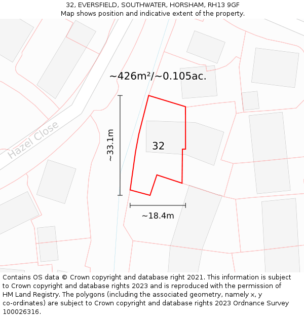 32, EVERSFIELD, SOUTHWATER, HORSHAM, RH13 9GF: Plot and title map