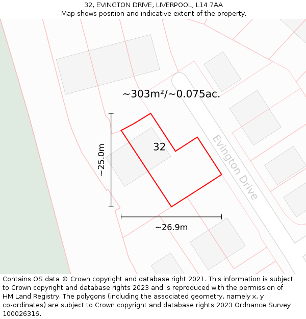 32, EVINGTON DRIVE, LIVERPOOL, L14 7AA: Plot and title map
