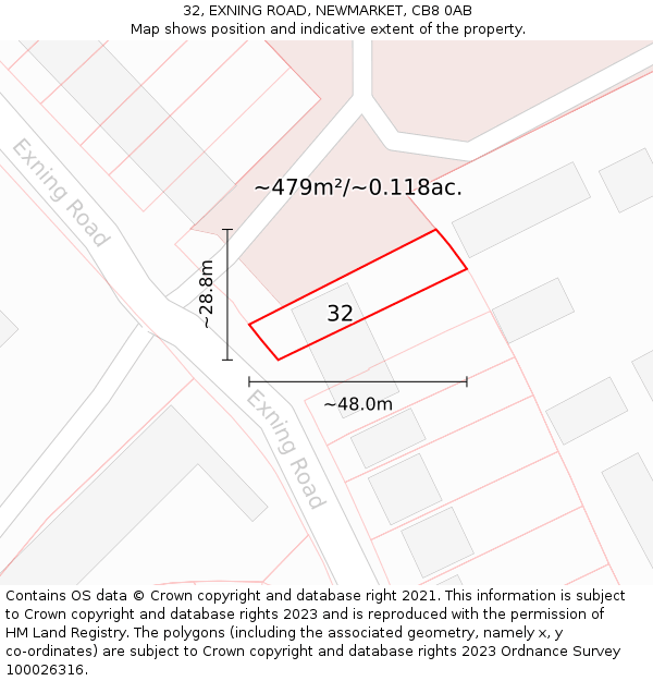 32, EXNING ROAD, NEWMARKET, CB8 0AB: Plot and title map