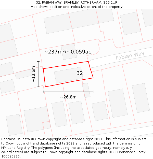 32, FABIAN WAY, BRAMLEY, ROTHERHAM, S66 1UR: Plot and title map