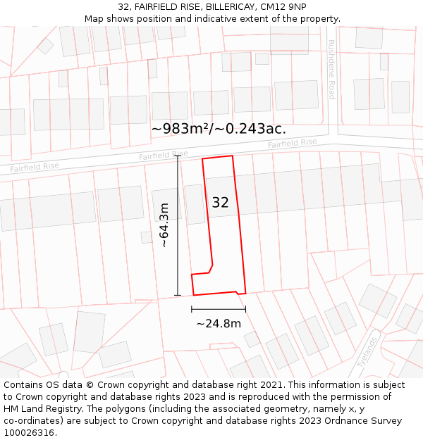 32, FAIRFIELD RISE, BILLERICAY, CM12 9NP: Plot and title map